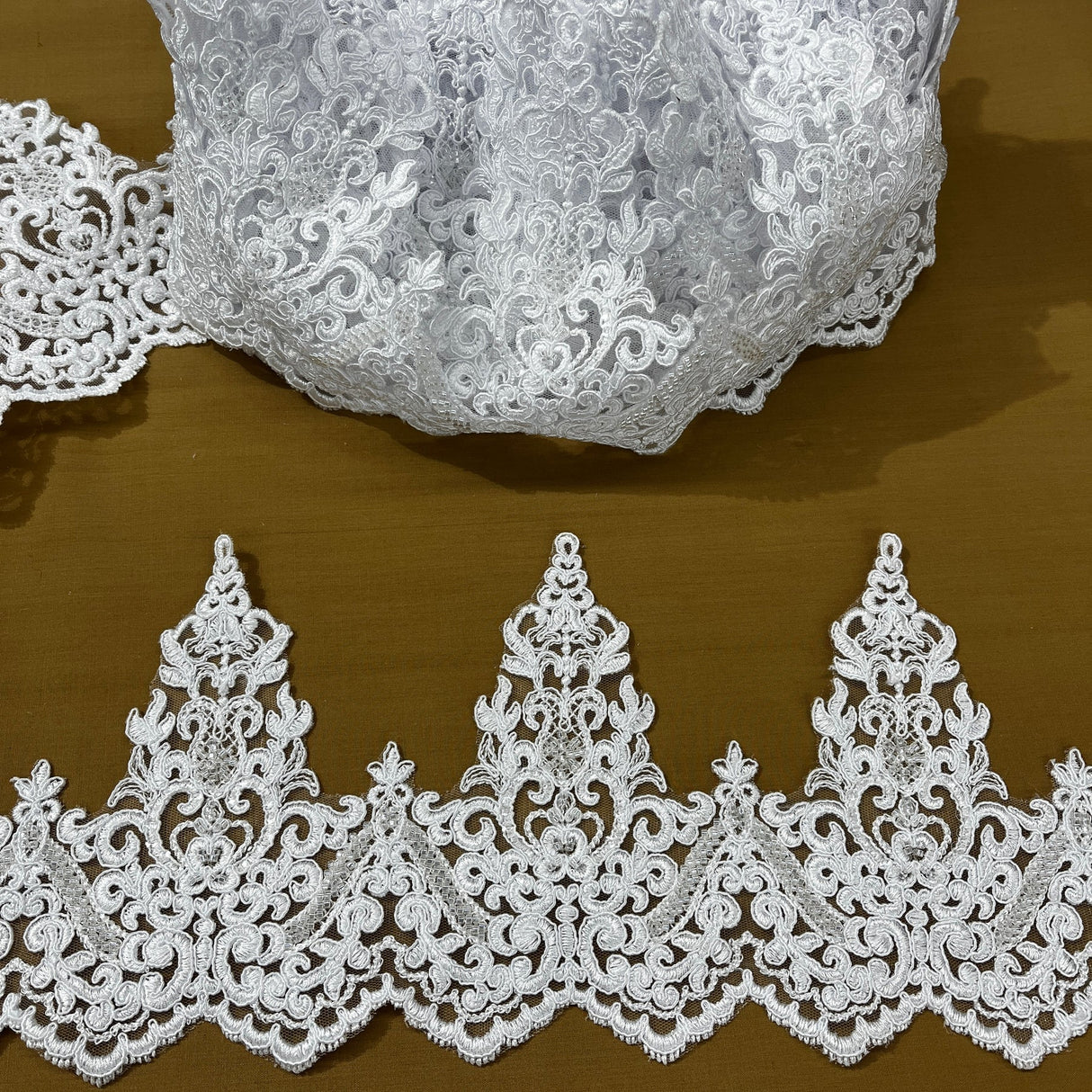 1 Yard Embroidered on 100% Polyester Organza 6″ Wide Beaded & Corded Lace Trimming