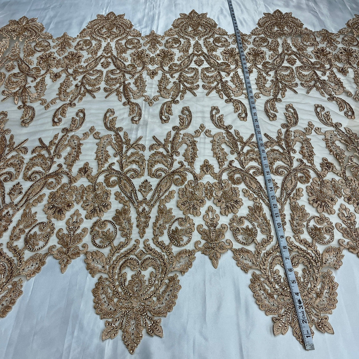 1 Yard Beaded Corded Bridal Lace Fabric Embroidered on Polyester Net Mesh