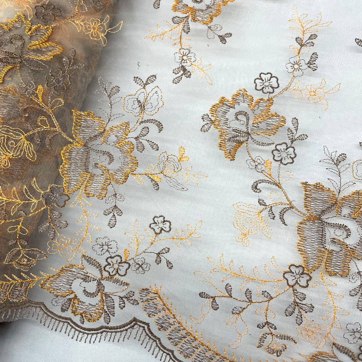 1 Yard Orange Beige Embroidered Lace Fabric on Polyester Net Mesh Elegant 51 Inch Width