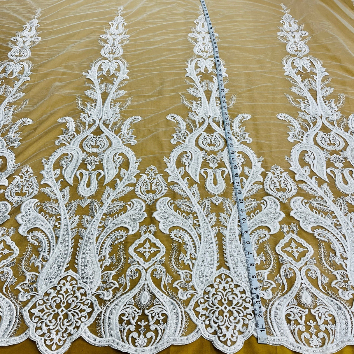 1 Yard Gold Beaded Lace Fabric Embroidered on Polyester Mesh, 50" Wide Decorative Fabrication