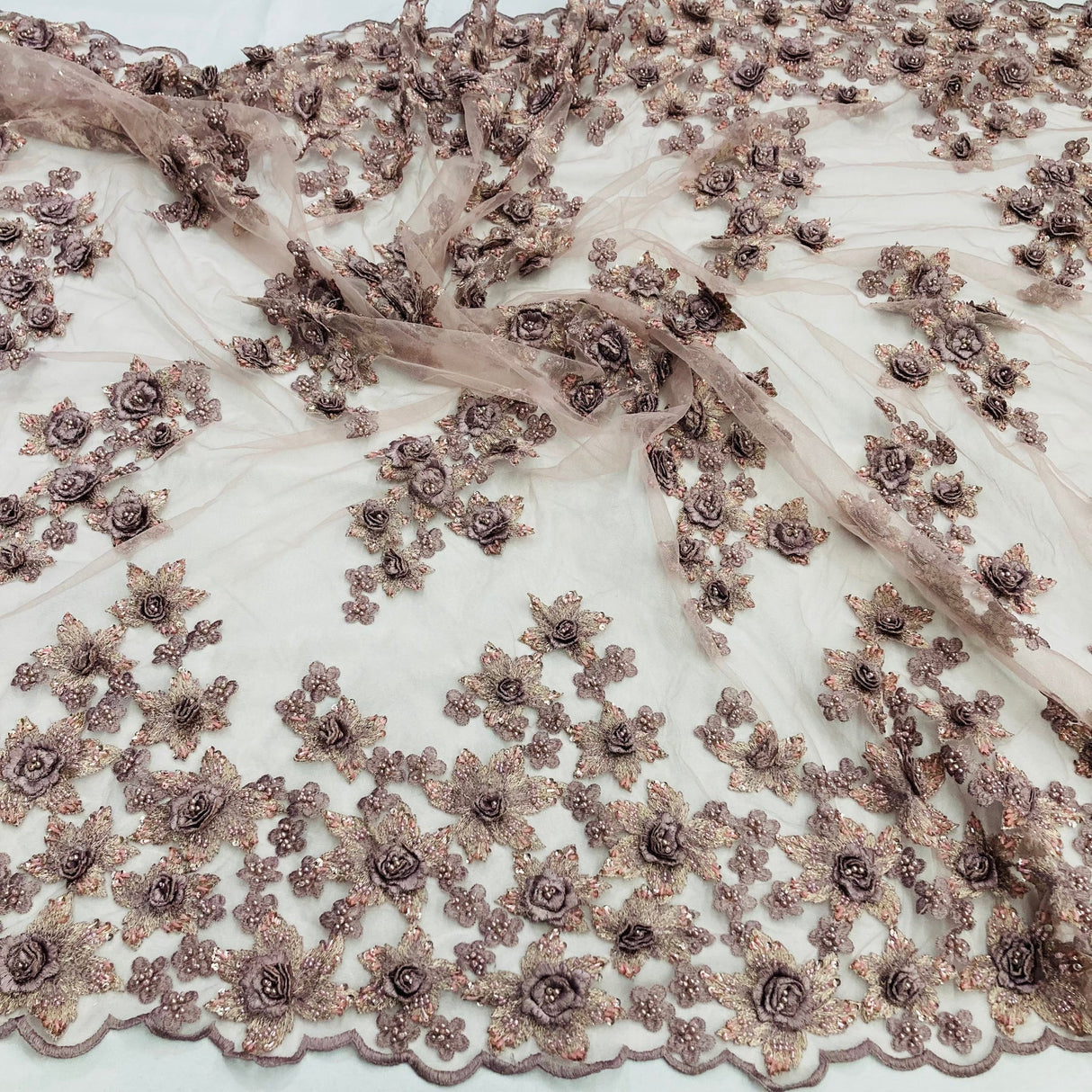 1 Yard Enchanting Pistachio Beaded 3D Floral Lace Fabric on Net Mesh 50 inch Width