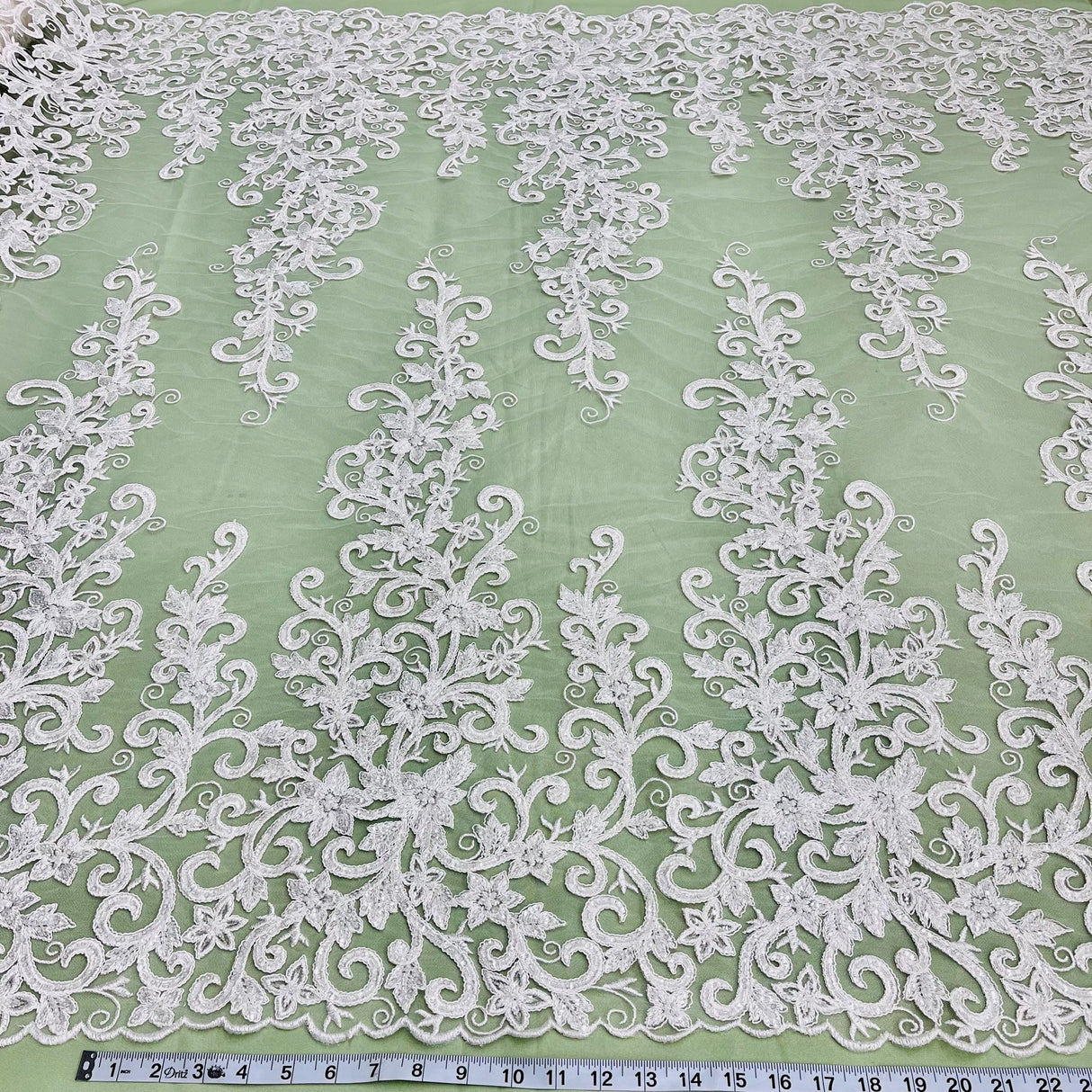 1 Yard Ivory Beaded & Corded Bridal Fabric Lace Embroidered on Polyester Net Mesh, 51" Width, Elegant Wedding Fabric