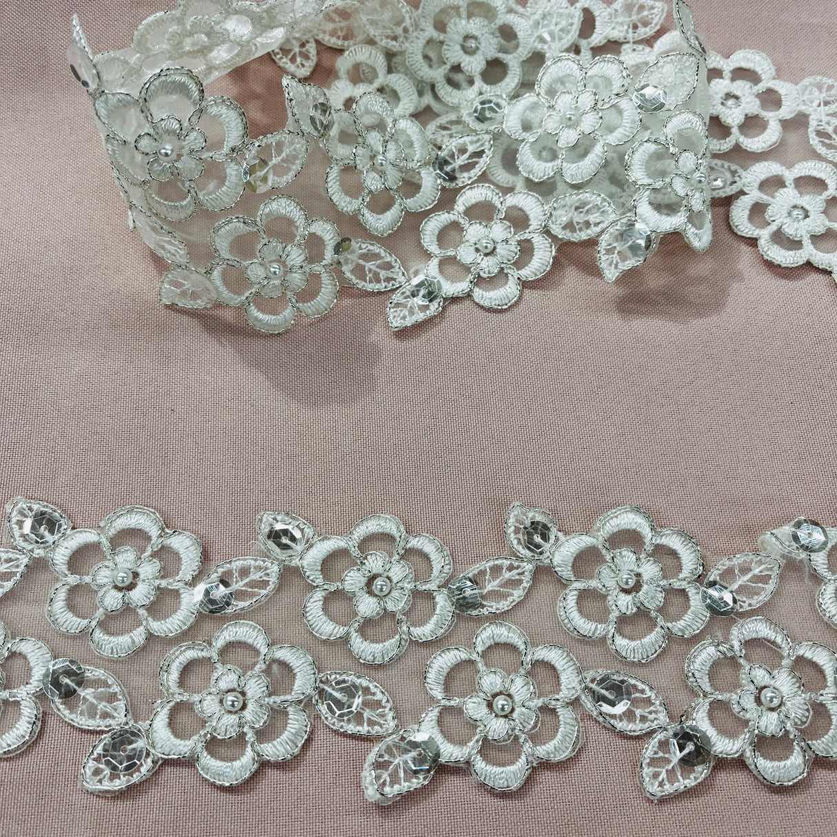 1 Yard Beaded & Corded Lace Trim 2.5" Wide Embroidered on 100% Polyester Organza