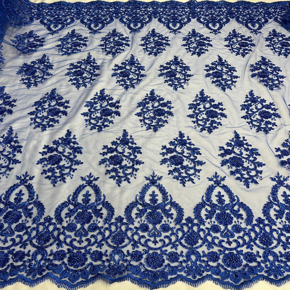1 Yard Exquisite Royal Blue Corded Beaded Bridal Lace Fabric 53 inch Width