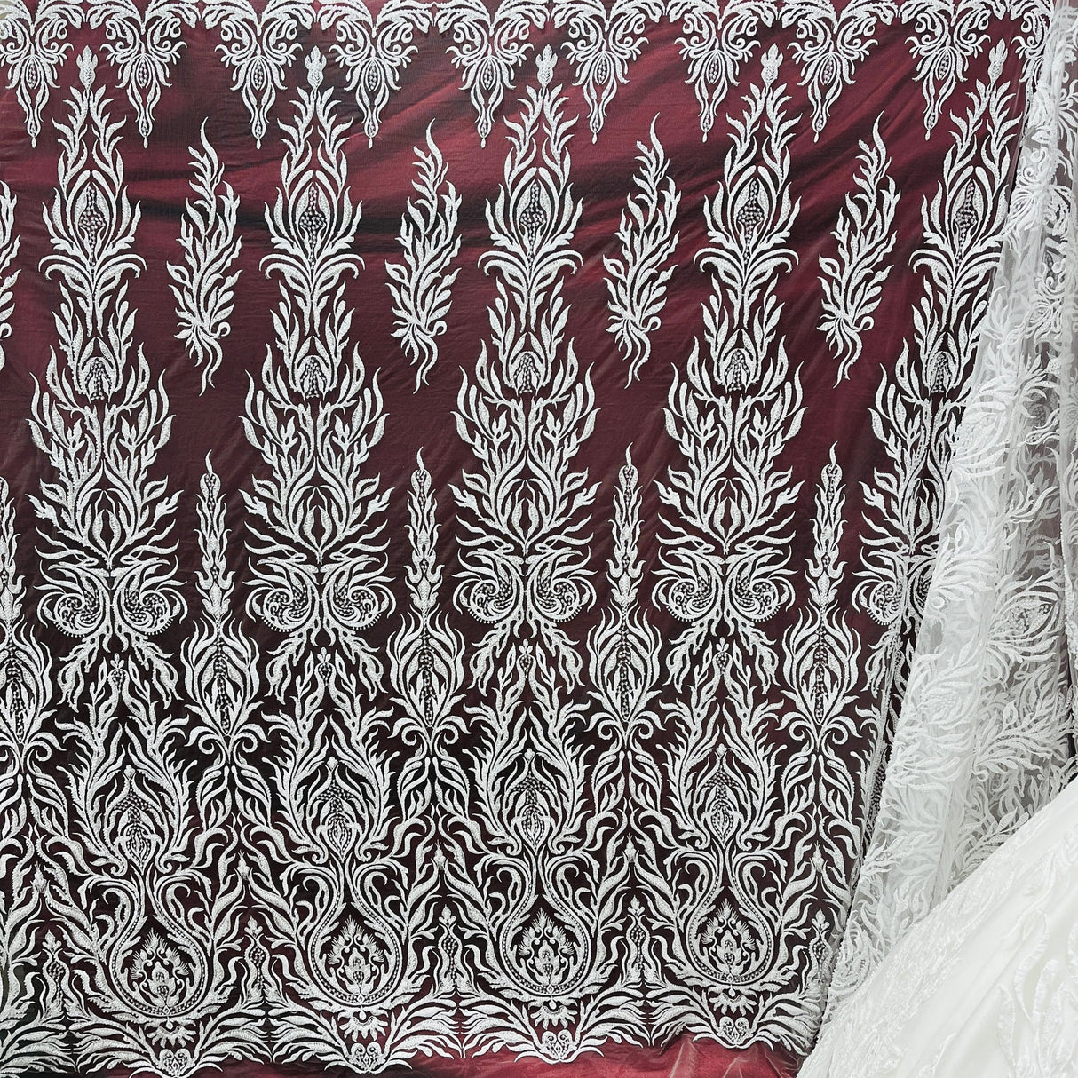 1 Yard Off White Beaded Lace Fabric Embroidered on Polyester Mesh, 52” Wide,