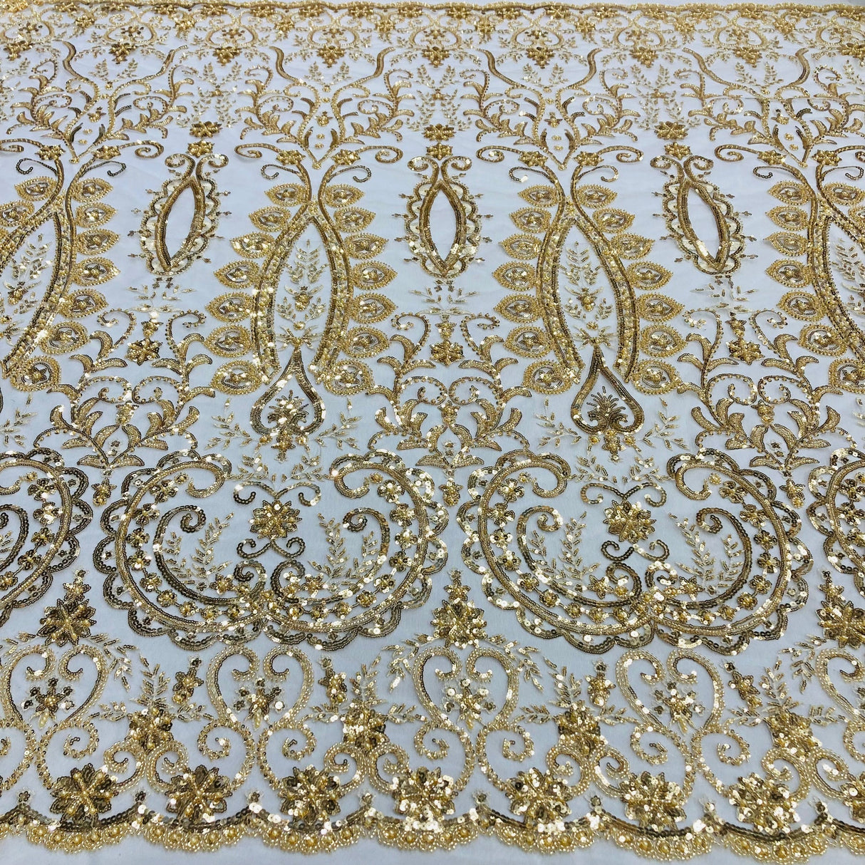 1 Yard Beaded Lace with Sequins & Pearls 52″ Wide Embroidered Polyester Mesh for Bridal & Couture Fashion