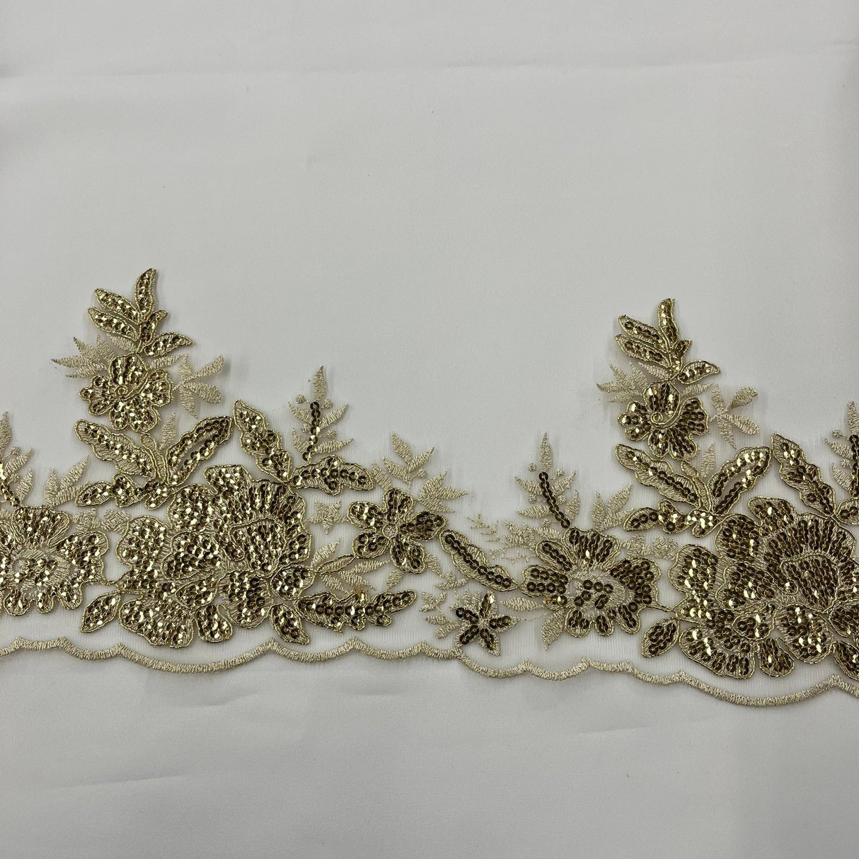 1 Yard Beaded & Corded Floral Lace Trimming Embroidered on 100% Polyester Net Mesh 6.5″ Wide