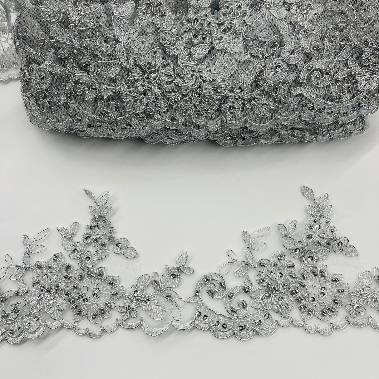 1 Yard 4″ Wide Beaded & Corded Lace Trimming Embroidered on 100% Polyester Net Mesh