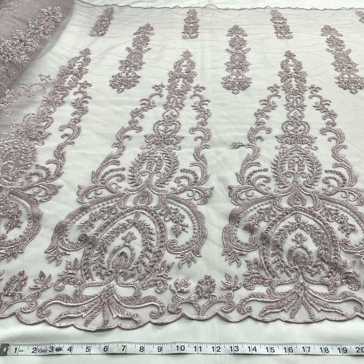 1 Yard Luxurious Beaded and Corded Bridal Lace Fabric Embroidered on Polyester Net Mesh Blush 52" Width