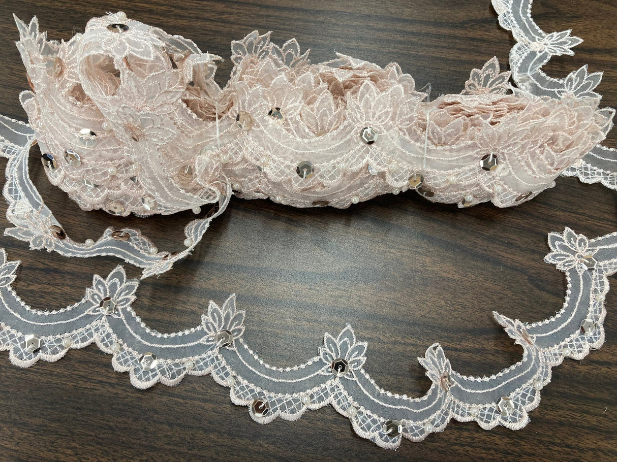 1 Yard Beaded Lace Trimming on Organza | 2.5" Wide | Elegant Embroidered Trim for Bridal, Evening & Dancewear