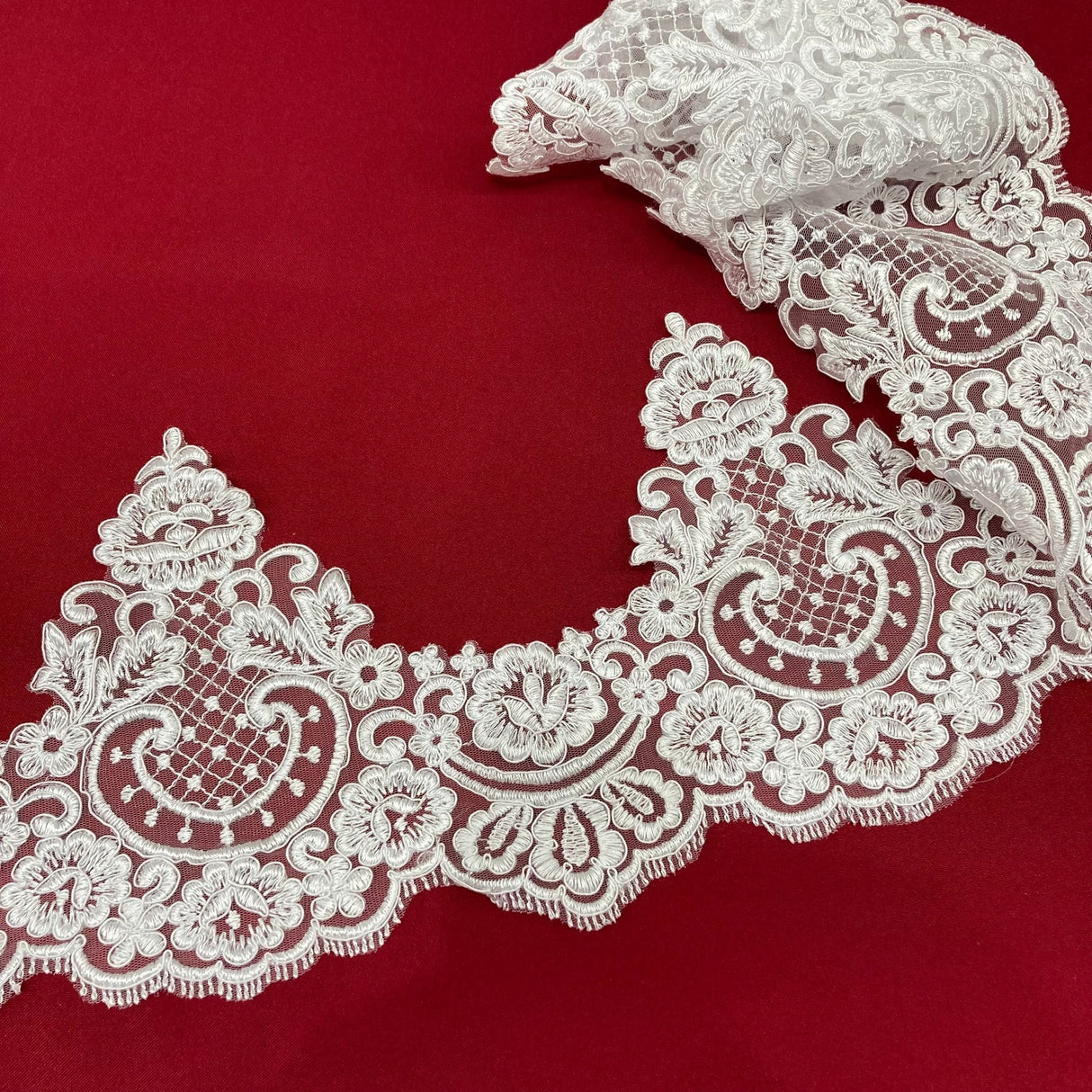 1 Yard Corded Lace Trimming Embroidered on 100% Polyester Net Mesh 8.5″ Wide