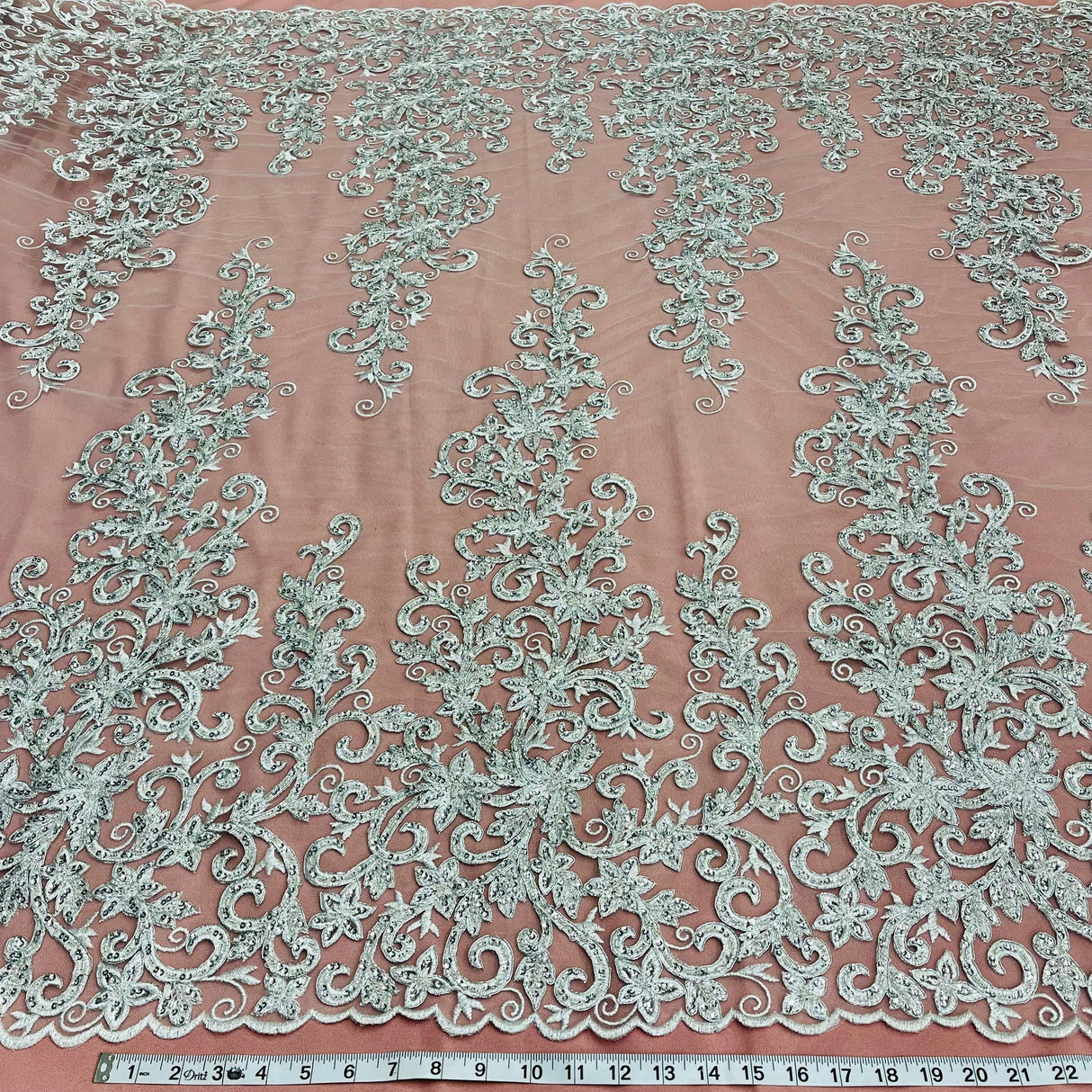 1 Yard Ivory Beaded & Corded Bridal Fabric Lace Embroidered on Polyester Net Mesh, 51" Width, Elegant Wedding Fabric