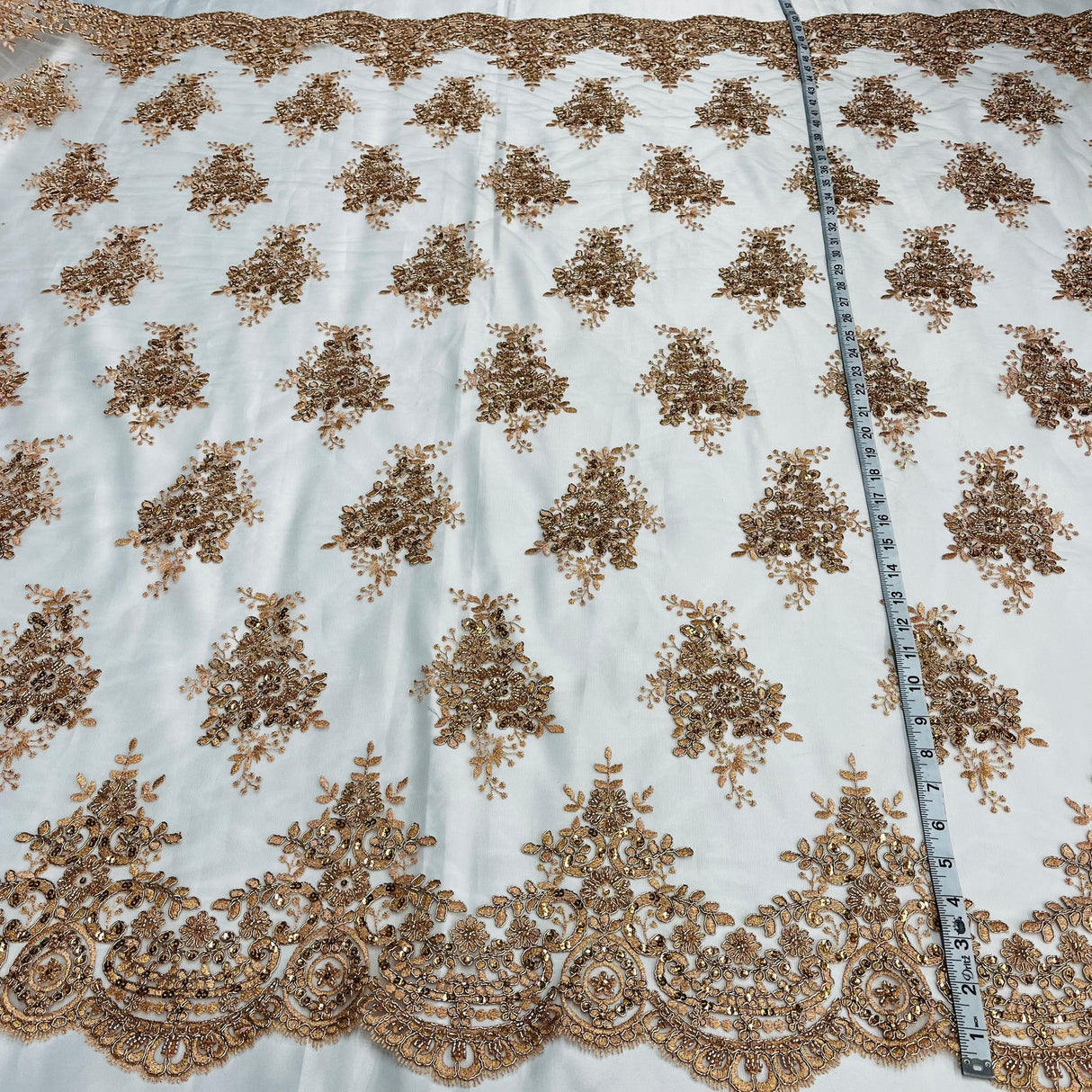 1 Yard Hand-Beaded Gold Corded Lace Fabric Embroidered on Polyester Net Mesh 56 inch Width