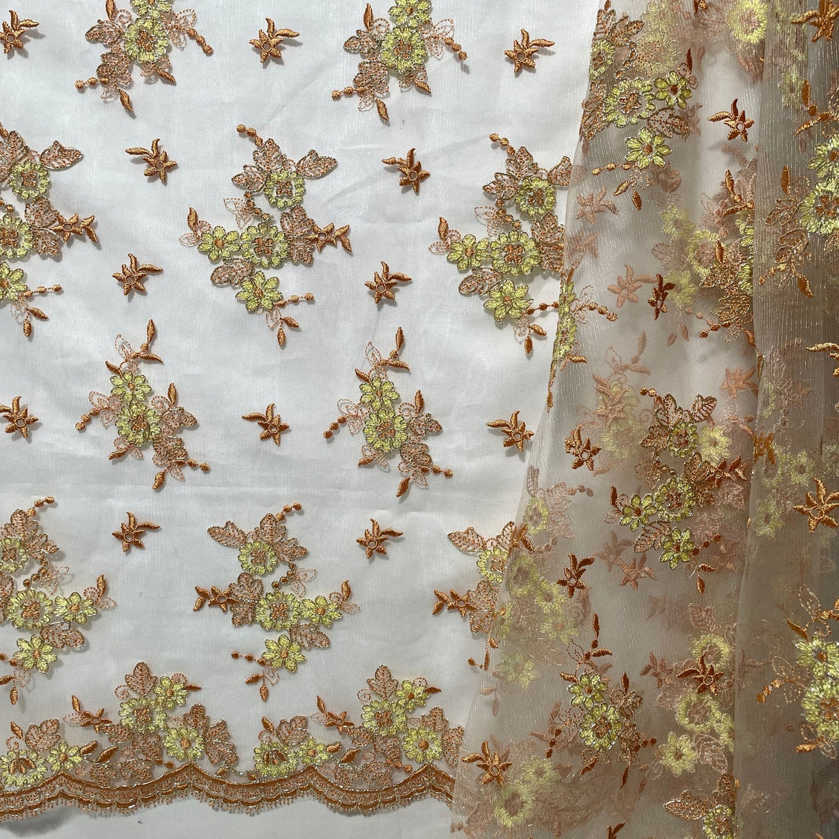 1 Yard Sage Pink Corded Bridal Lace Fabric Embroidered on Polyester Net Mesh Elegant 51 Inch Width