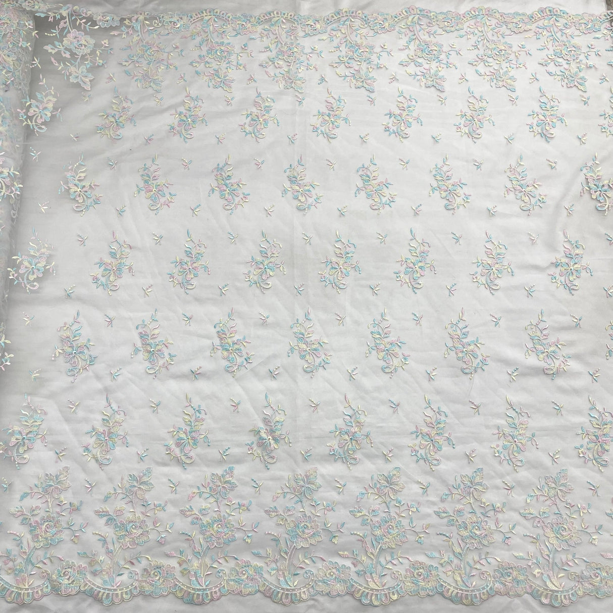 1 Yard Turquoise Corded Bridal Lace Fabric Embroidered Polyester Net Mesh 54 Inch Width