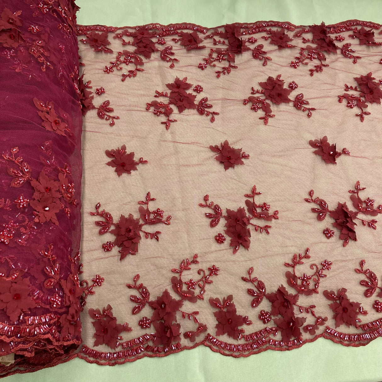 1 Yard Beaded Double Sided 3D Floral Lace Trimming 100% Polyester Net Mesh 21" Wide