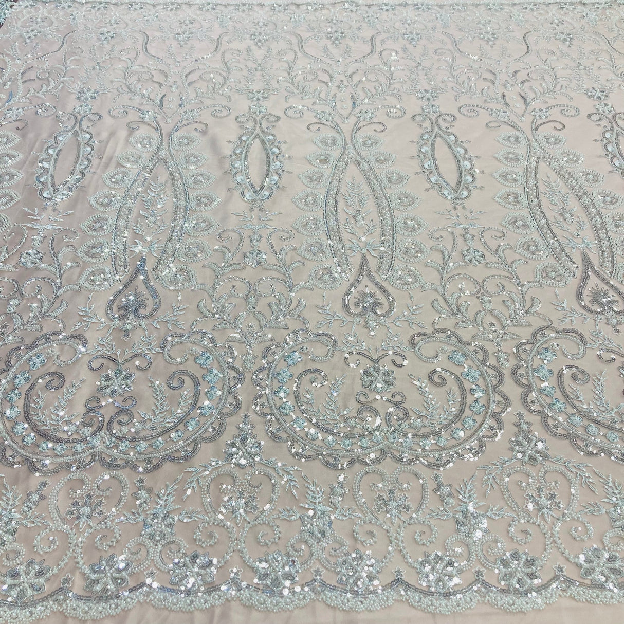 1 Yard Beaded Lace with Sequins & Pearls 52″ Wide Embroidered Polyester Mesh for Bridal & Couture Fashion