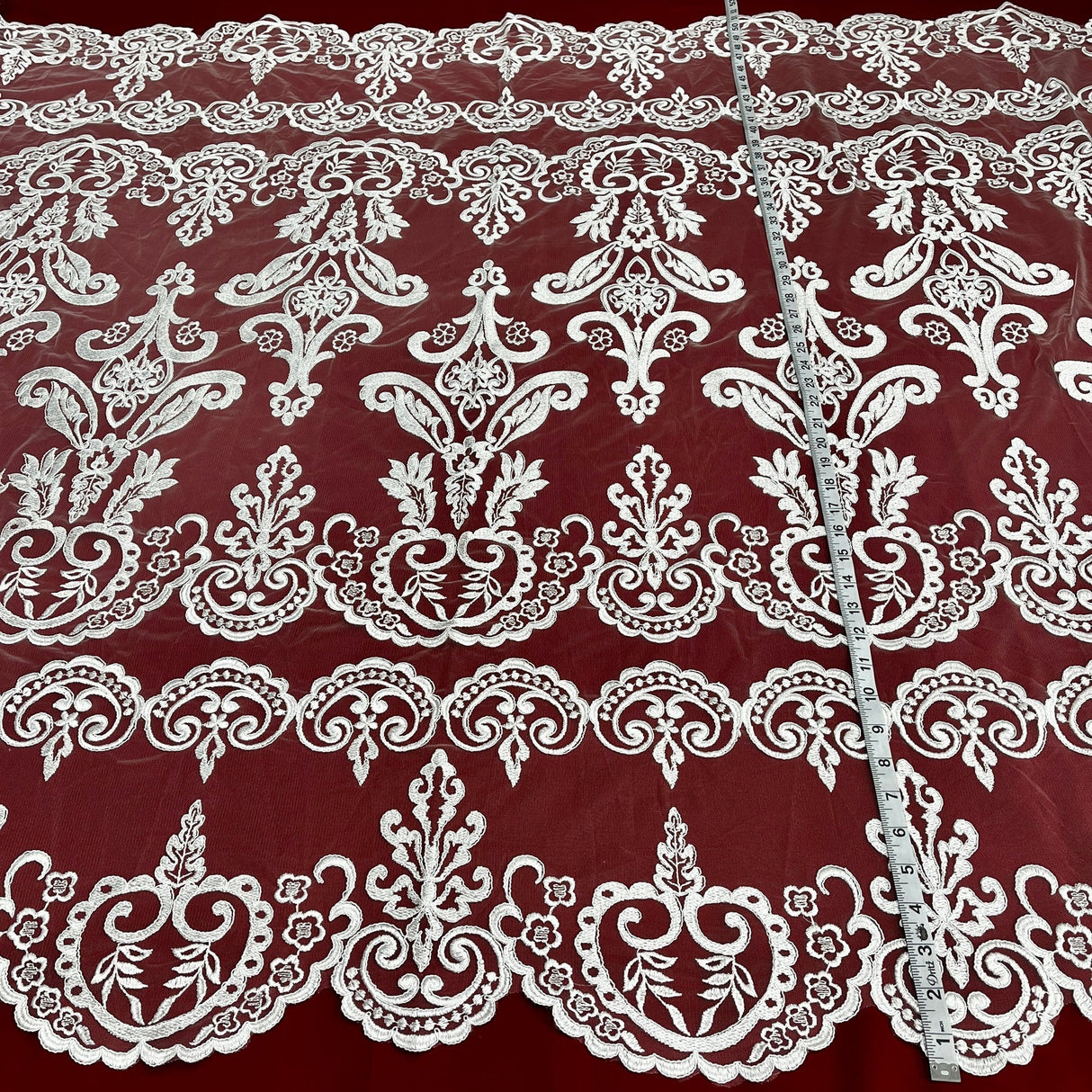 1 Yard Ivory with Silver Corded Bridal Lace Fabric Embroidered on Polyester Net Mesh 51 inch Width