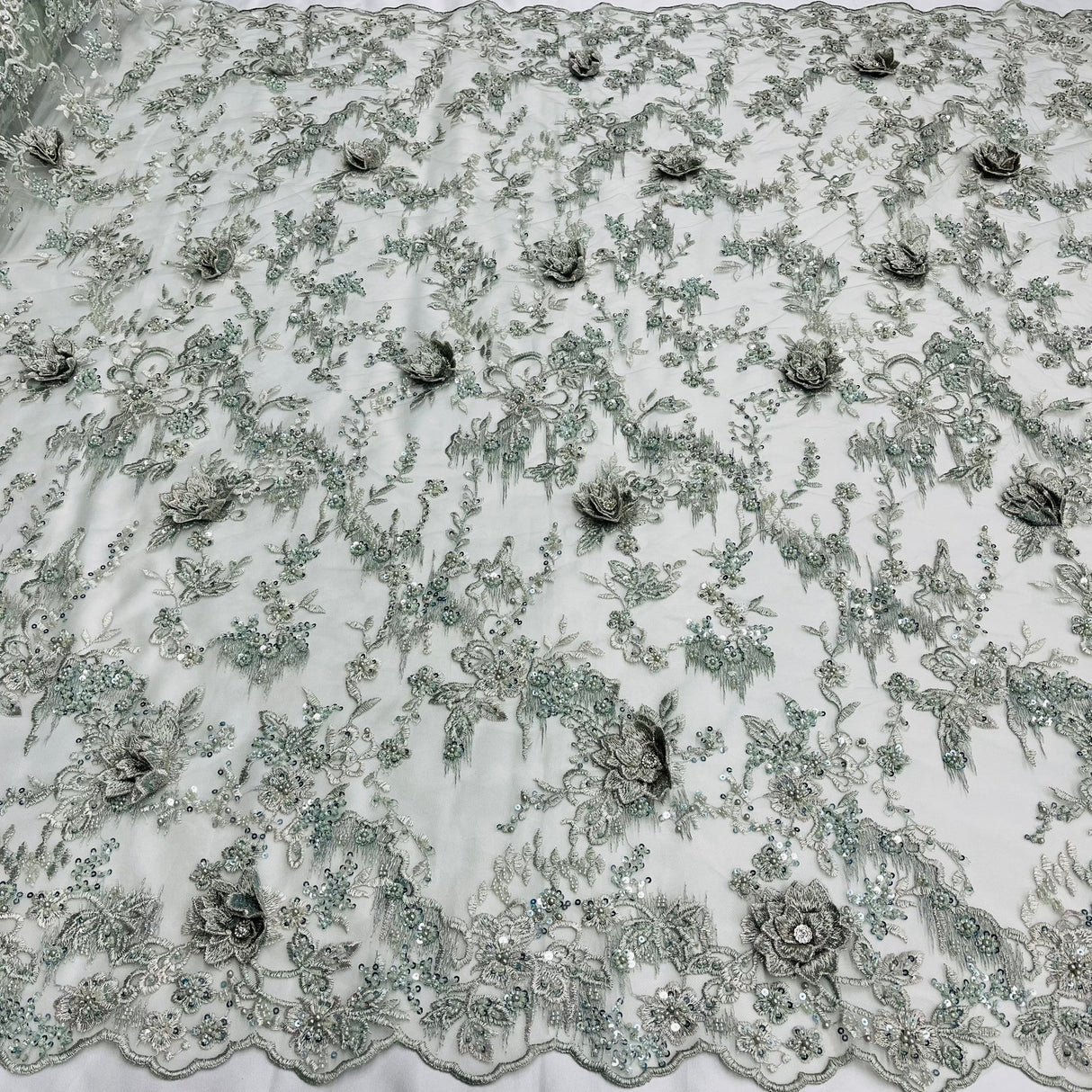 1 Yard Beaded Rhinestone 3D Floral Lace Fabric for Bridal Dresses Dance Costumes 50" Width