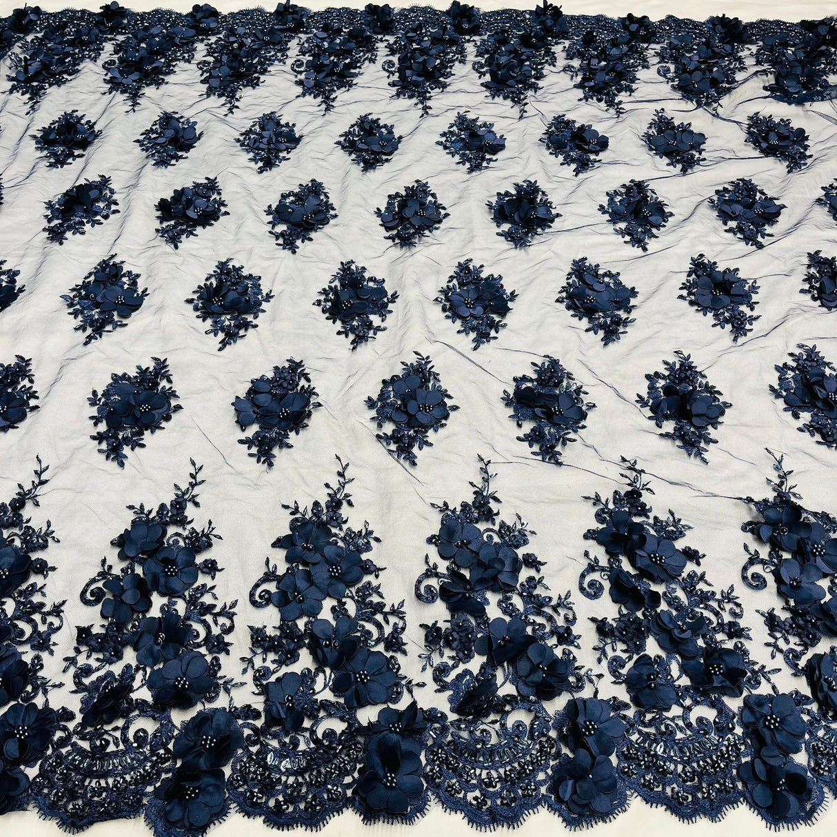 1 Yard Navy Beaded 3D Floral Embroidered Lace Fabric on Polyester Mesh, 54" Width,