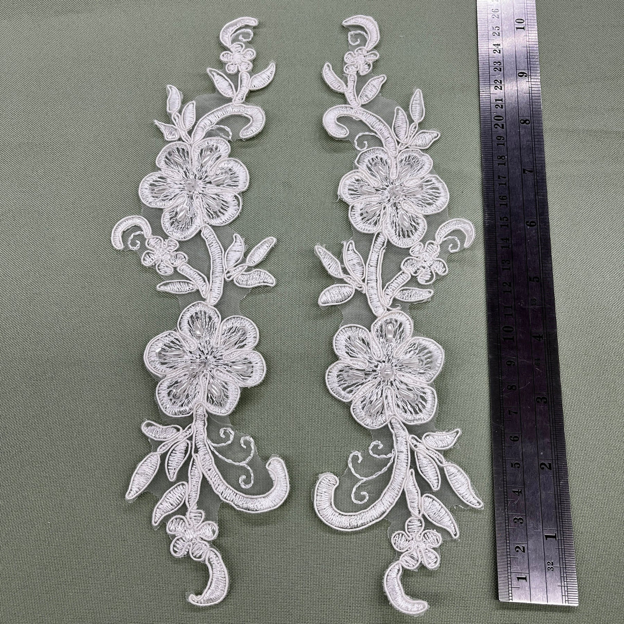 1 Pair Beaded & Corded Lace Applique 10" x 2" Each Side