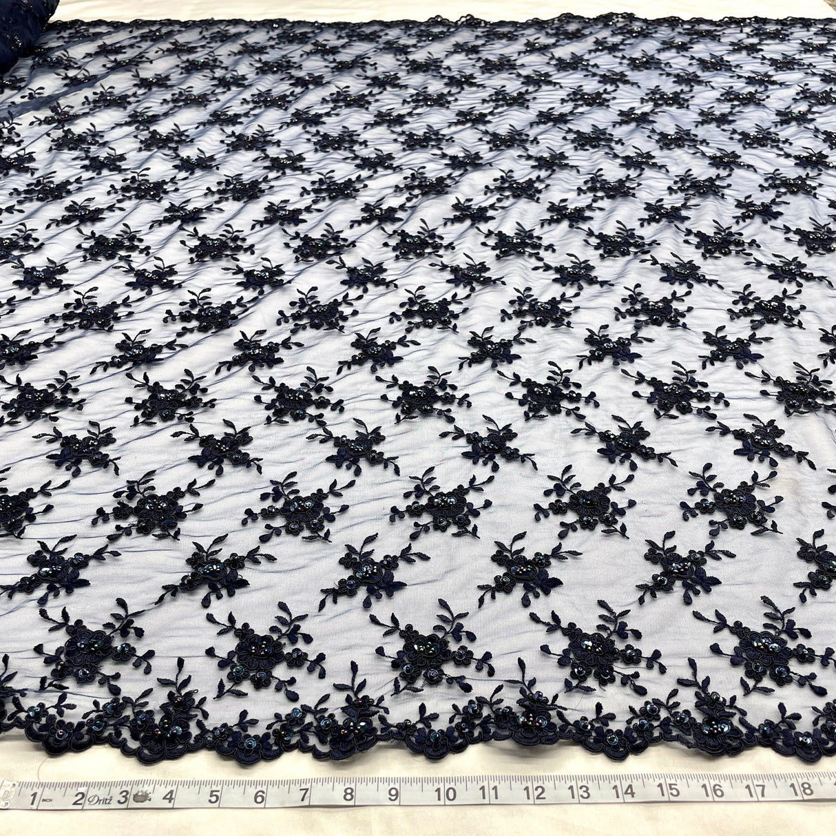 1 Yard Black Beaded & Corded Bridal Lace Fabric Embroidered on Polyester Net Mesh 52 Inch Width