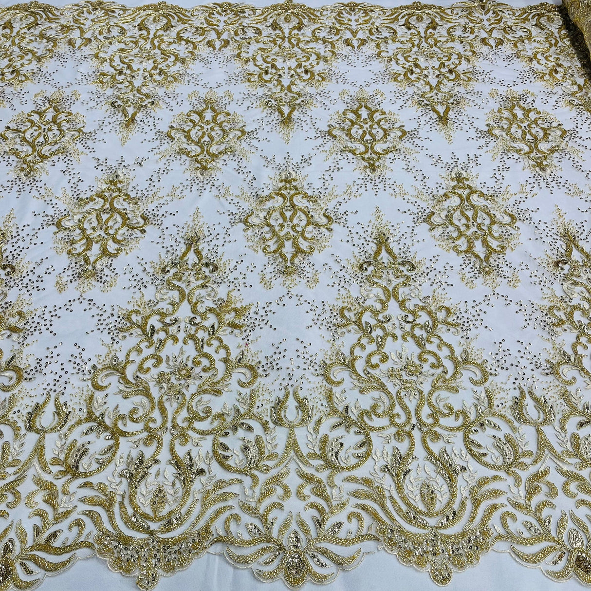 1 Yard Beaded & Corded Bridal Lace Fabric, Handcrafted Embroidered Polyester Net Mesh for Couture Wedding, Quinceanera & Evening Gowns 56" Wide