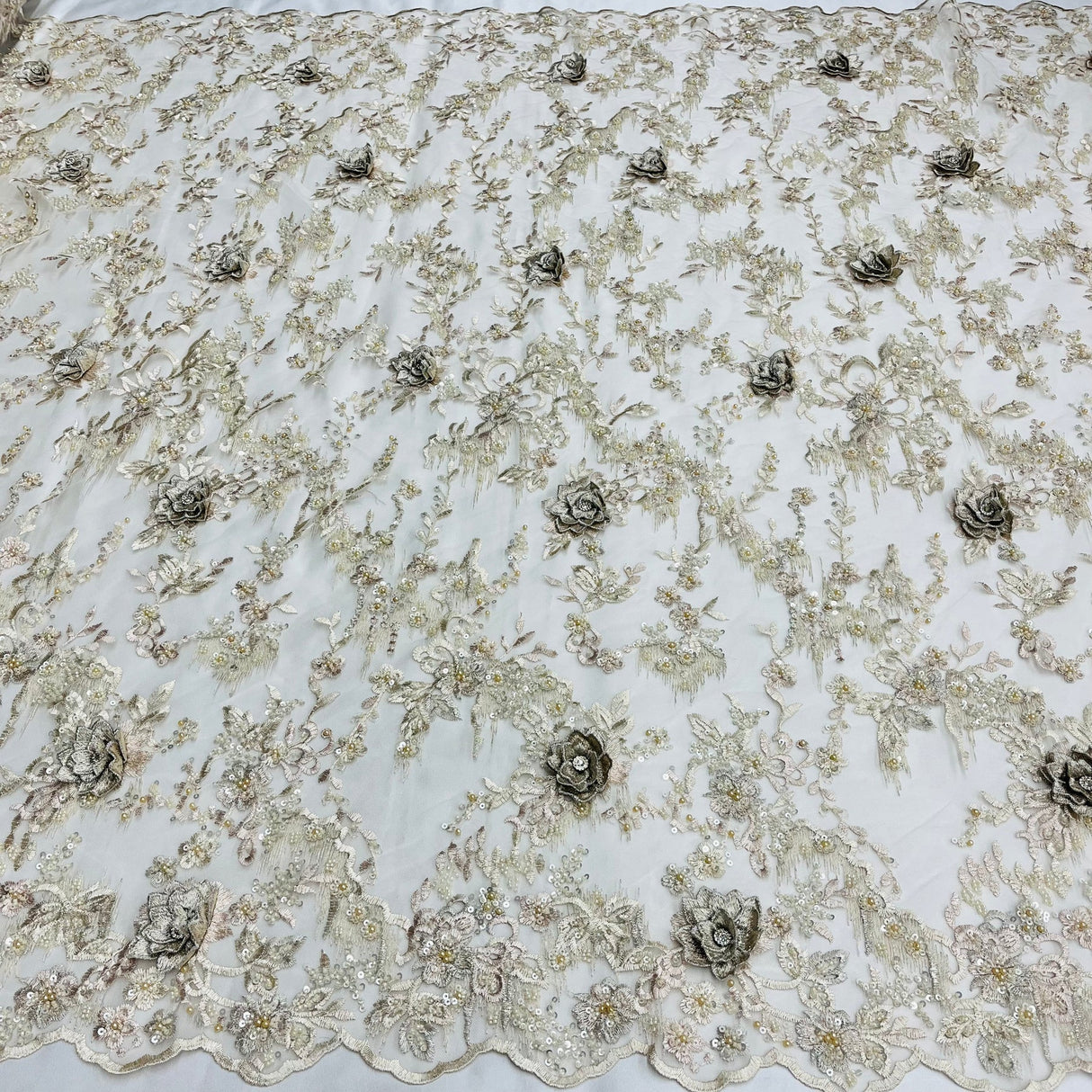 1 Yard Beaded Rhinestone 3D Floral Lace Fabric for Bridal Dresses Dance Costumes 50" Width
