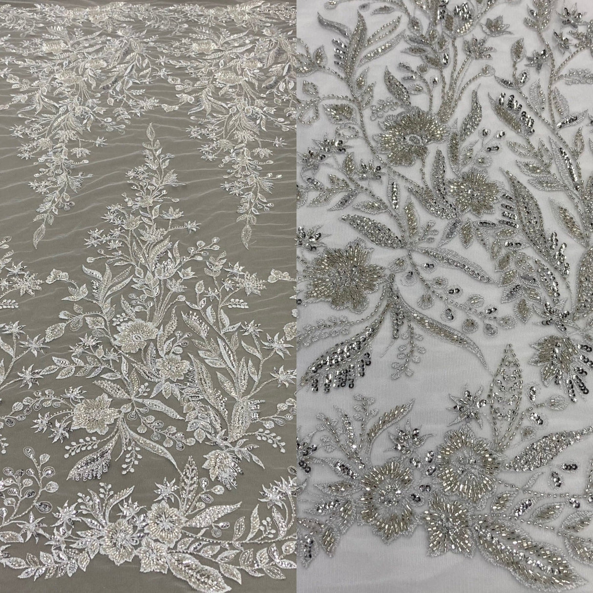 1 Yard Beaded Lace Fabric Elegant Hand-Embroidered Design with Pearls & Sequins on Polyester Net Mesh 52" Wide