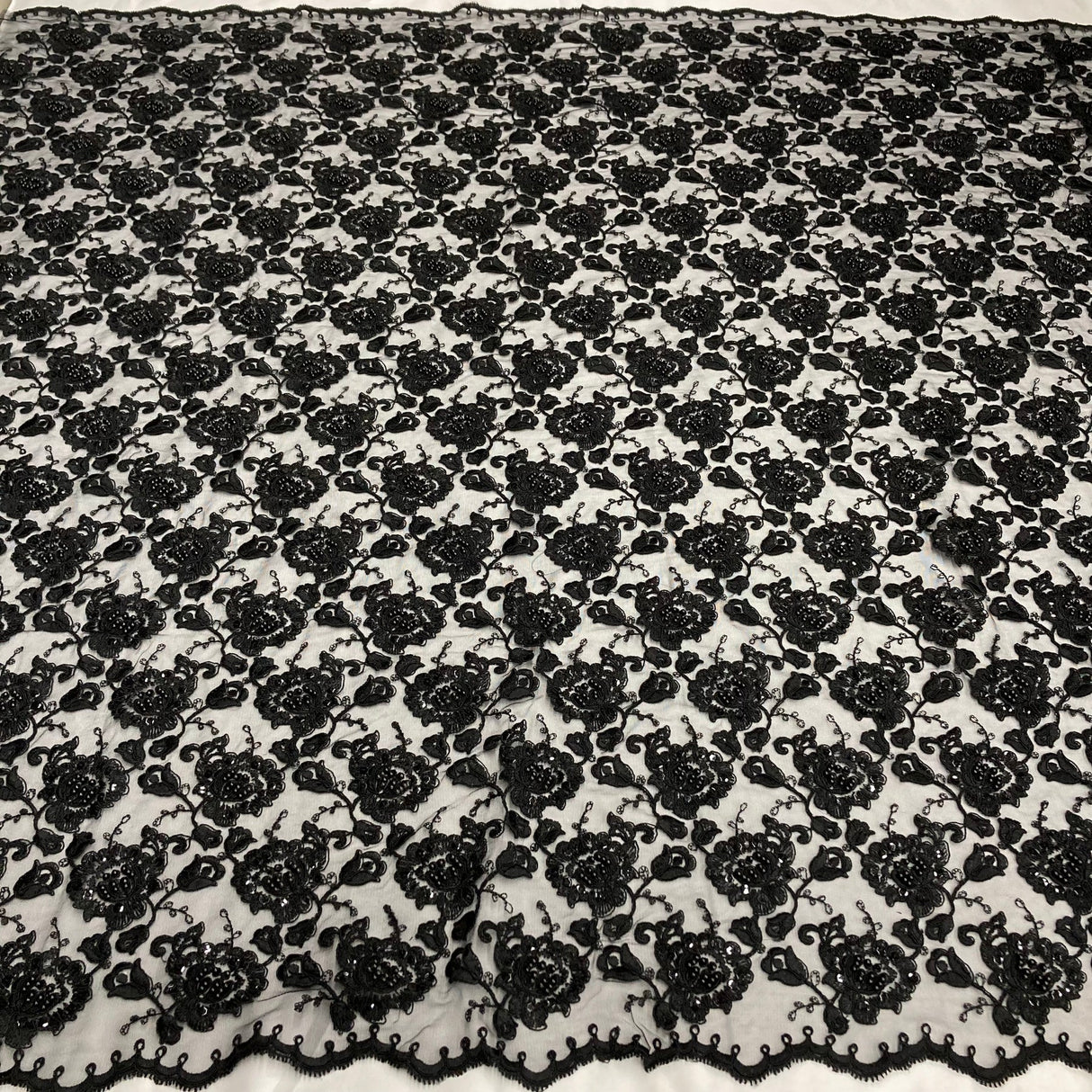 1 Yard Beaded Corded Bridal Lace Fabric Embroidered Net Mesh Black 51" Width