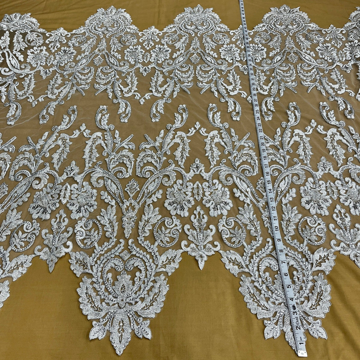 1 Yard Beaded Corded Bridal Lace Fabric Embroidered on Polyester Net Mesh