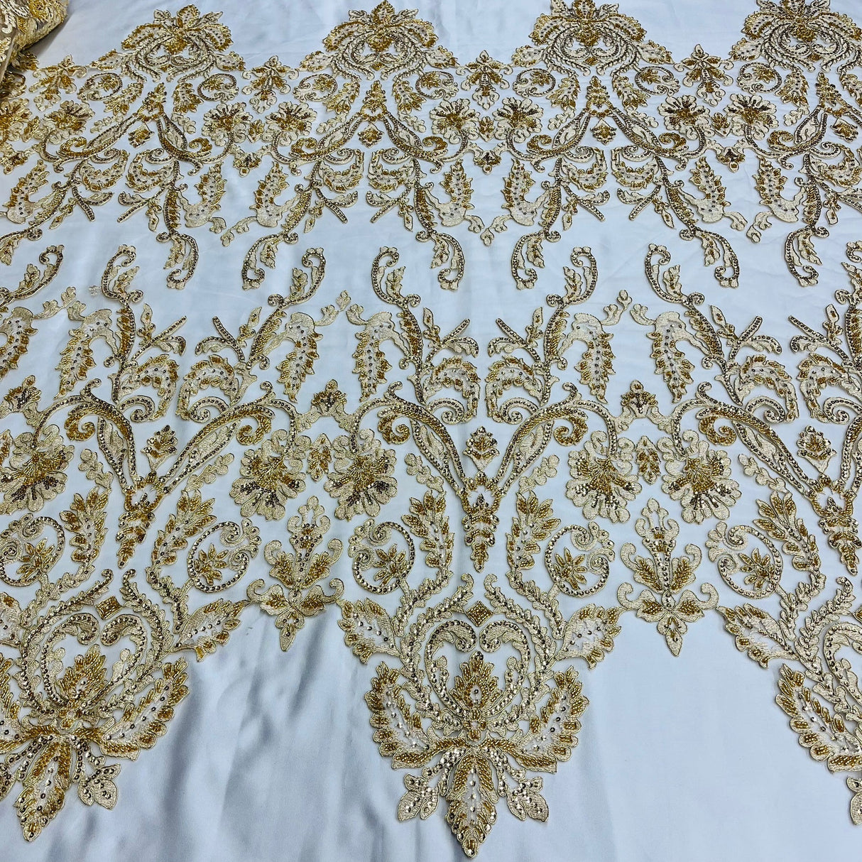 1 Yard Beaded Corded Bridal Lace Fabric Embroidered on Polyester Net Mesh