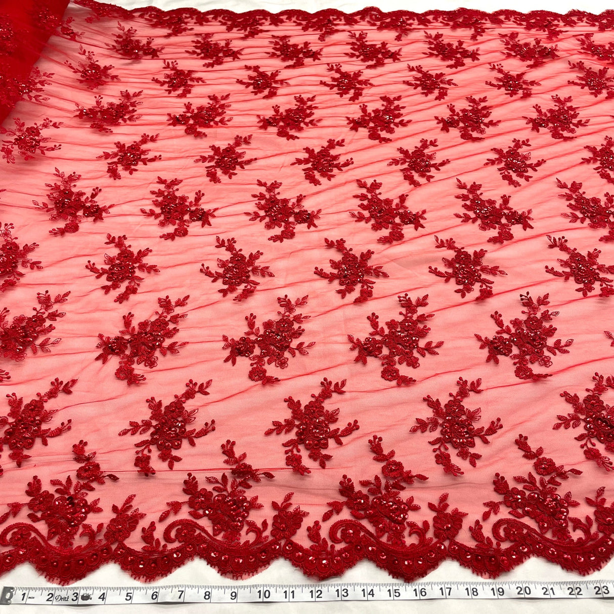 1 Yard Beaded Corded Bridal Lace Fabric Embroidered Mesh Champagne 54" Width