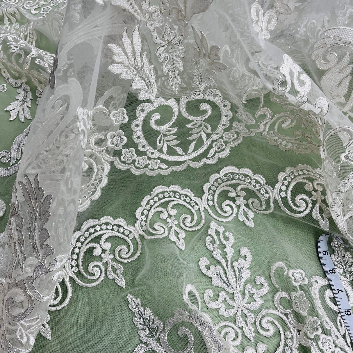 1 Yard Elegant Beaded and Corded Bridal Lace Fabric Embroidered on Polyester Net Mesh 51" Width