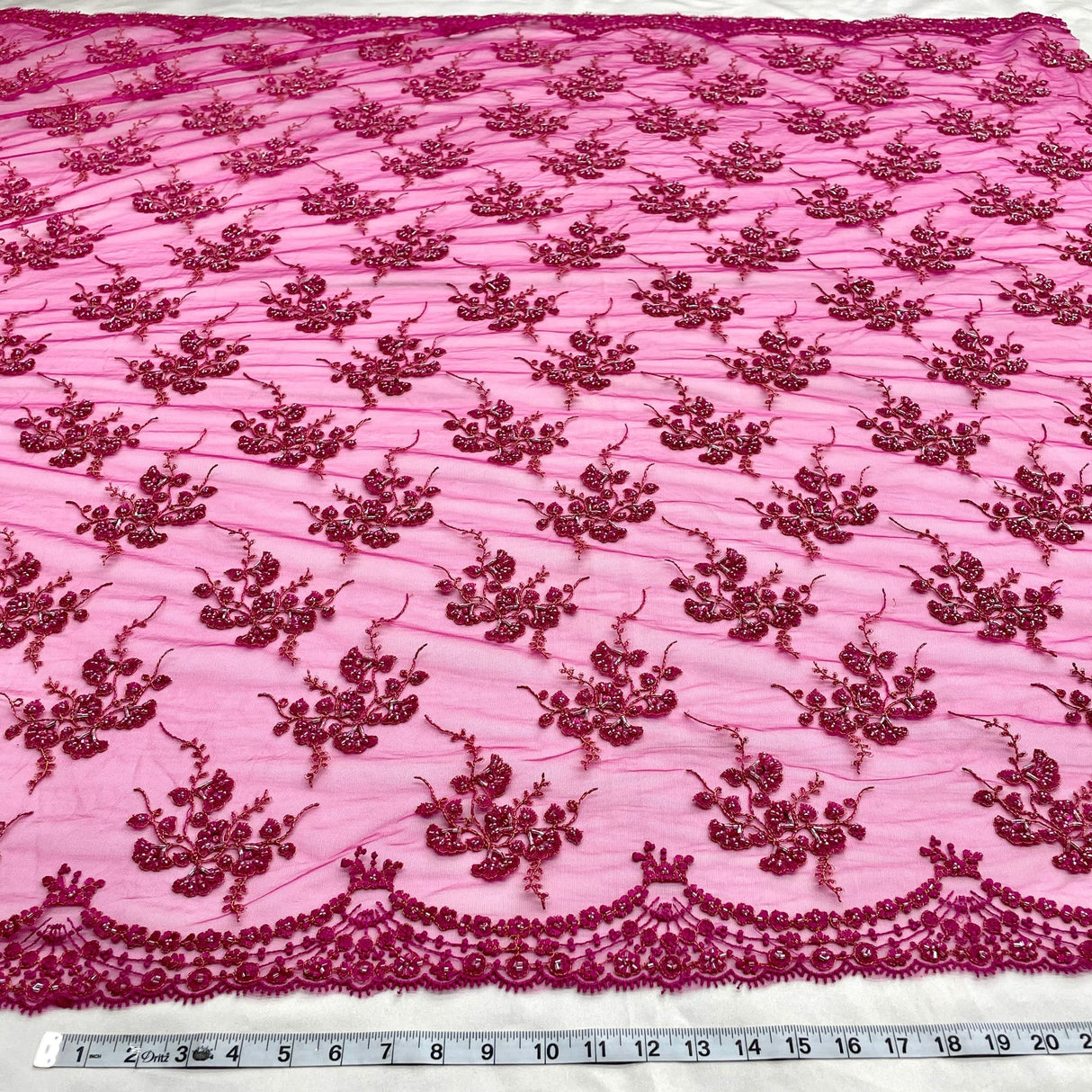 1 Yard Luxurious Beaded & Rhinestone 3D Floral Lace Fabric Embroidered on Polyester Net Mesh 52" Width