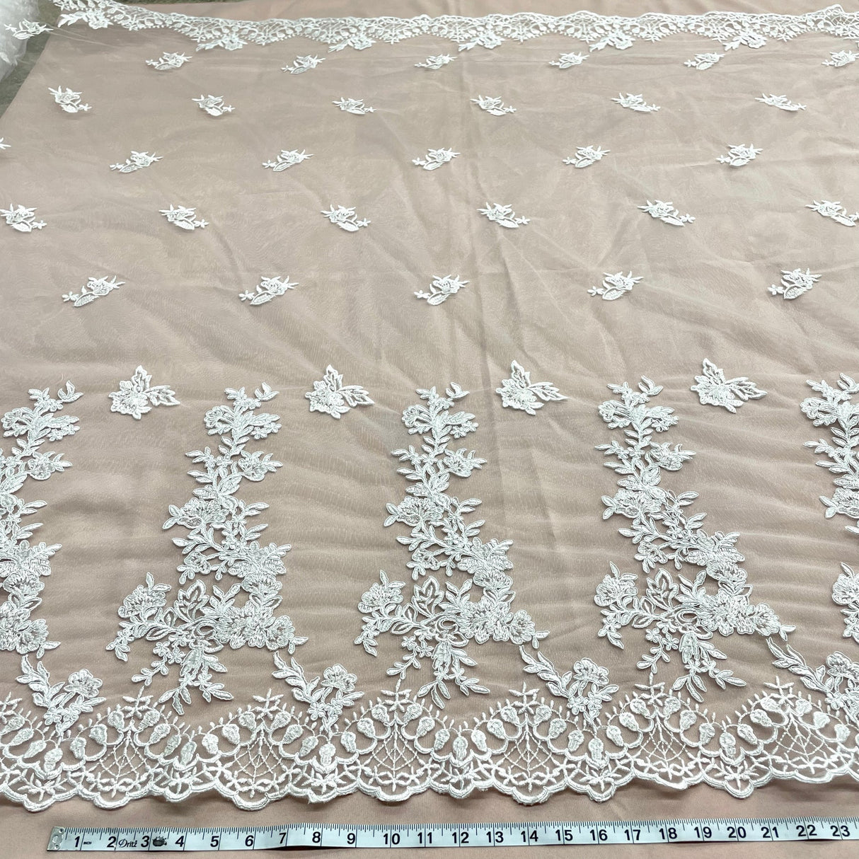 1 Yard Elegant Beaded and Corded Bridal Lace Fabric Embroidered on Polyester Net Mesh 52 inch Width