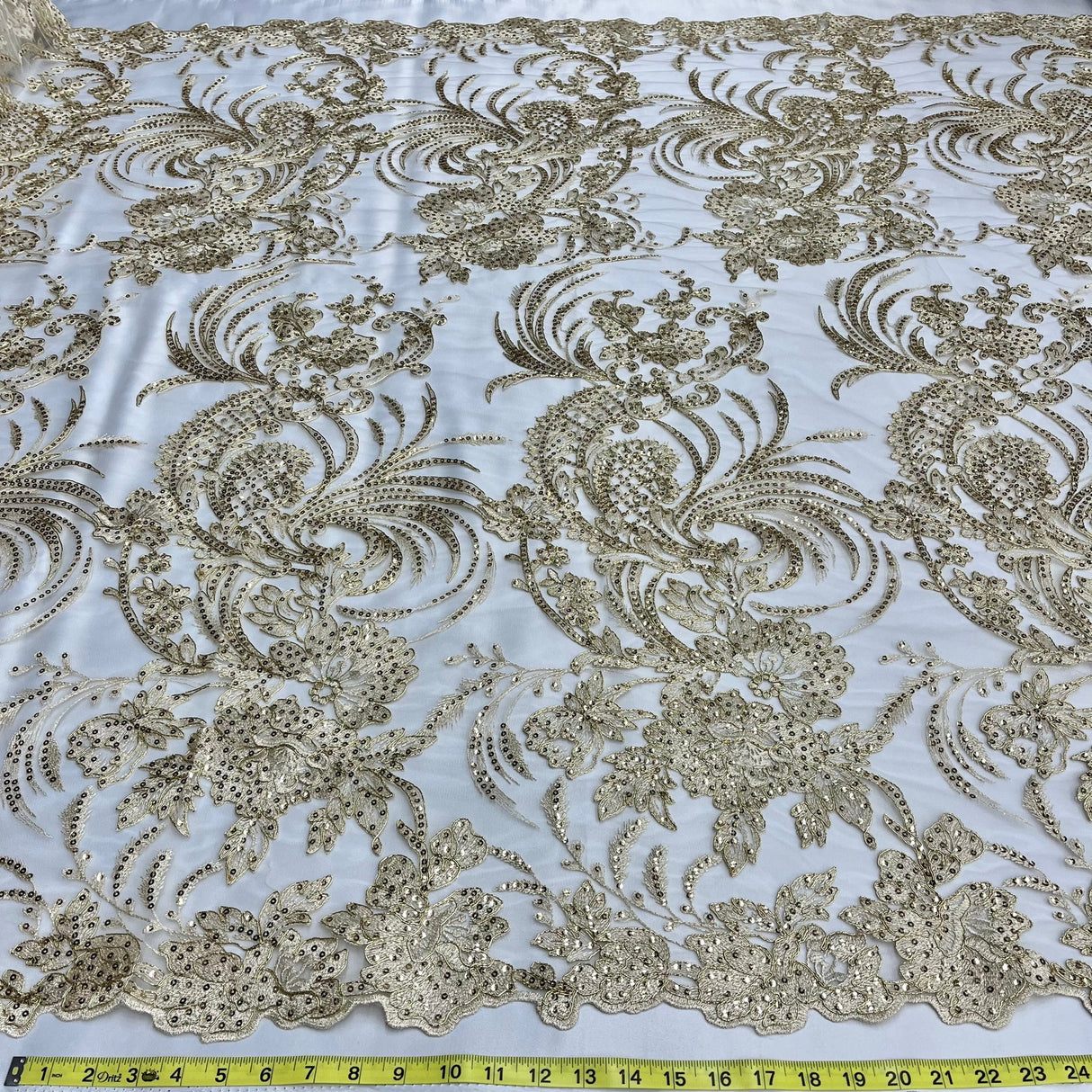 1 Yard Luxurious Corded and Sequined Bridal Lace Fabric Embroidered on Polyester Net Mesh 54" Width