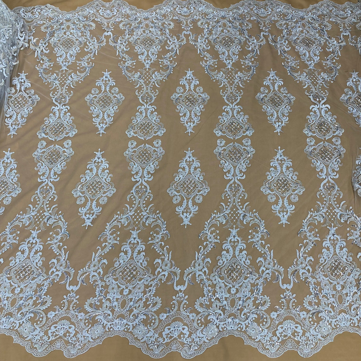1 Yard Exquisite White Hand-Beaded Lace Fabric on Polyester Net Mesh 53 inch Width