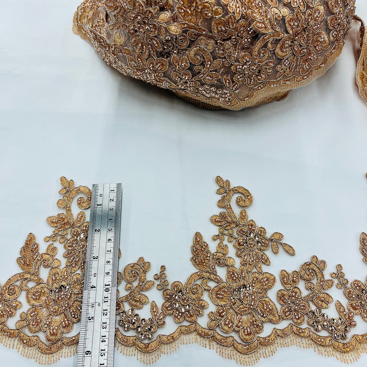 1 Yard 6" Wide Beaded & Corded Floral Lace Trimming Embroidered on 100% Polyester Net Mesh