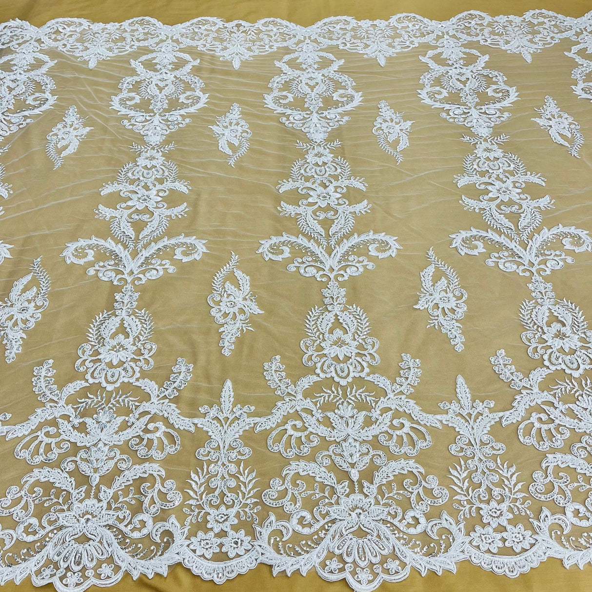 1 Yard Beaded & Corded Bridal Lace Fabric, Embroidered Mesh Net, 51” Wide, Polyester,