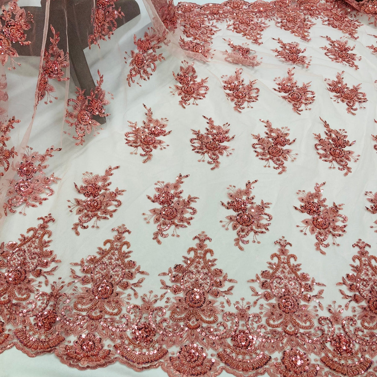 1 Yard Gold Beaded Lace Fabric Embroidered on Polyester Net Mesh 50 inch Width