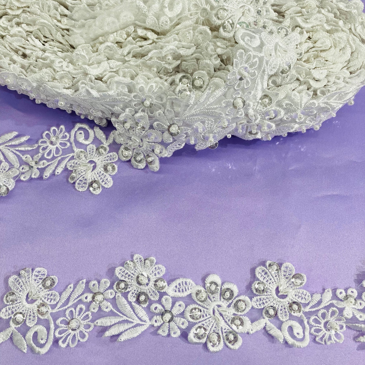1 Yard Beaded Lace Trimming on Organza | 2" Wide | Elegant Embroidered Trim for Bridal, Formalwear & Costumes