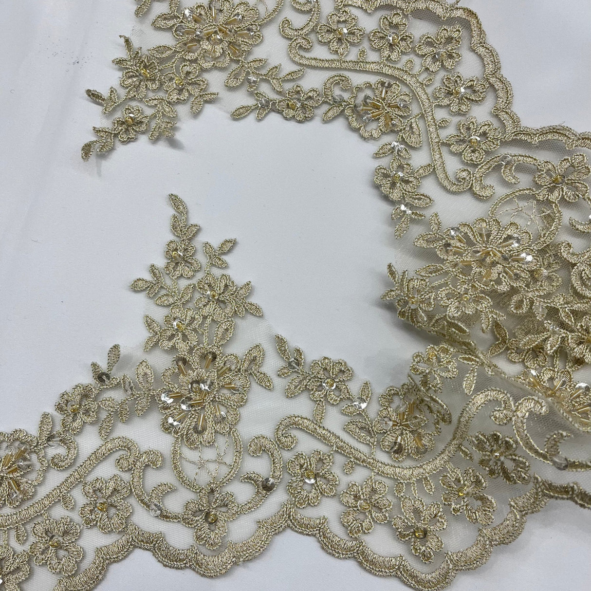 1 Yard Beaded & Corded Floral Lace Trimming Embroidered on 100% Polyester Net Mesh 6" Wide