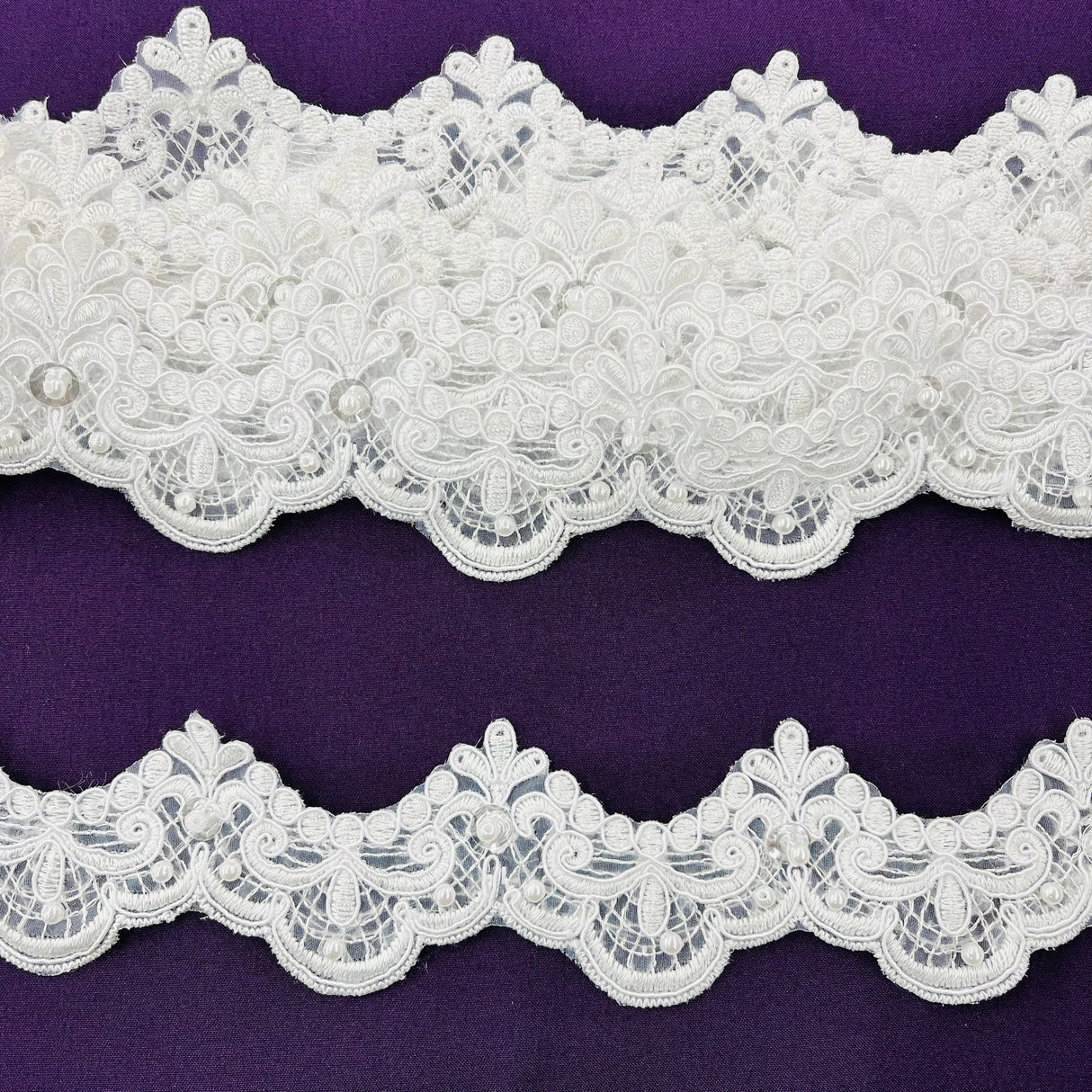 1 Yard Beaded & Corded Lace Trimming on Net Mesh | 2" Wide | Elegant Embroidered Trim for Bridal, Formalwear & Costumes