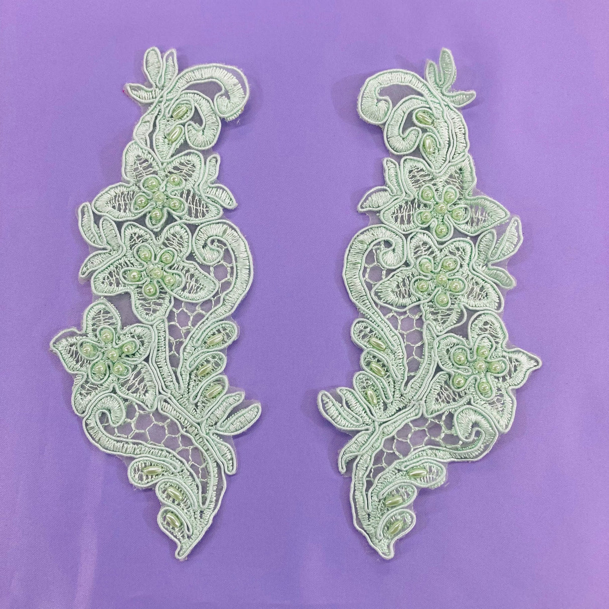1 Pair Beaded Lace Applique Embroidered on 100% Polyester Organza 7" x 2.5" Each Side