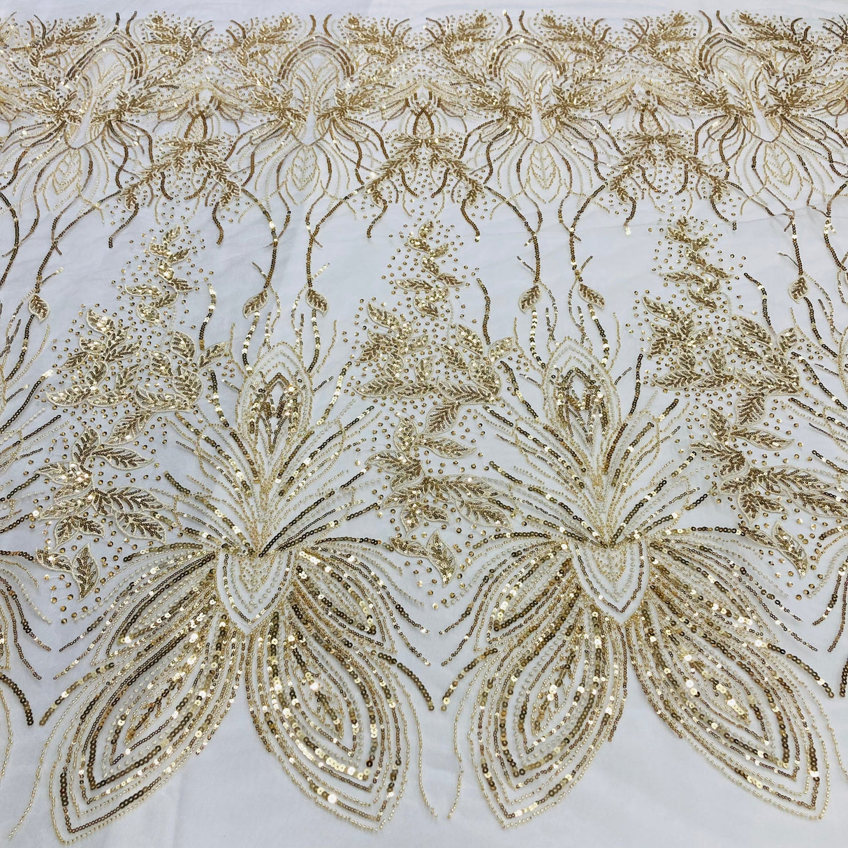 1 Yard Radiant Gold Beaded Lace Fabric Embroidered on Polyester Net Mesh 52 inch Width