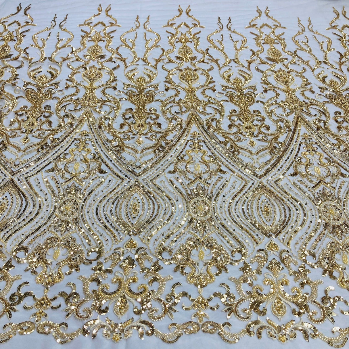 1 Yard Beaded Lace with Sequins & Pearls 52″ Wide Embroidered Polyester Net Mesh for Bridal & Formal Gowns