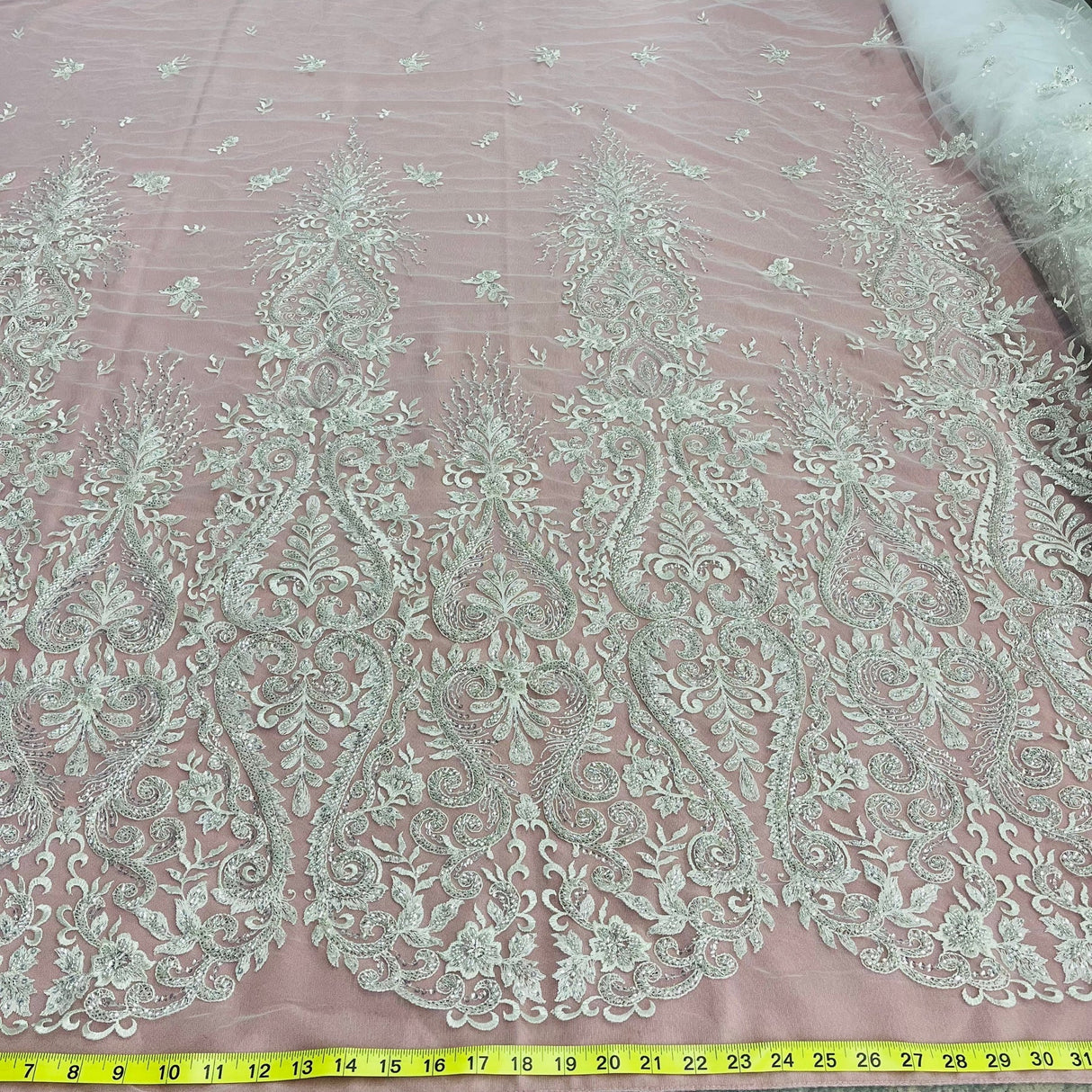 1 Yard Beaded Lace Fabric Embroidered on Polyester Net Mesh 54" Wide, Elegant Bridal & Dressmaking Fabric
