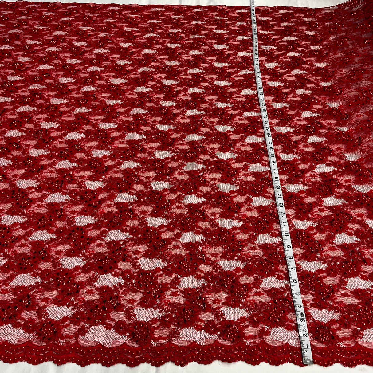 1 Yard Dramatic Red Beaded Corded Lace Fabric Embroidered on Net Mesh 56 inch Width
