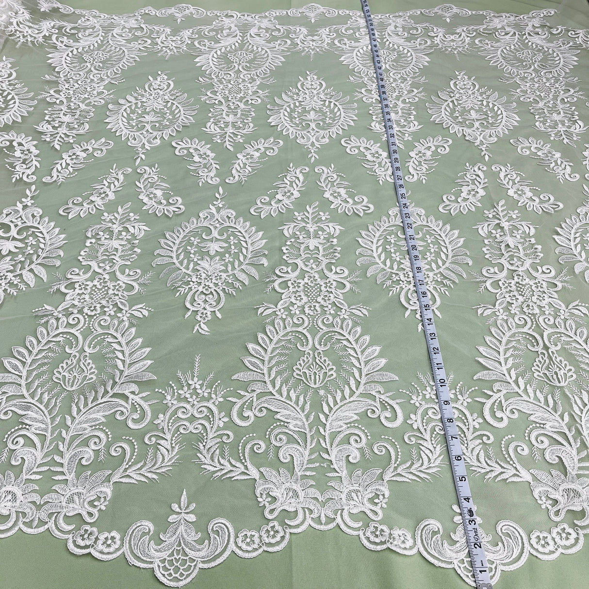 1 Yard Elegant Corded Bridal Lace Fabric Embroidered on Polyester Net Mesh 52" Width